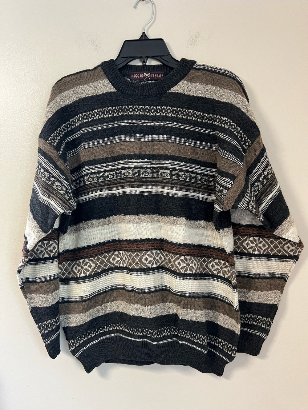 Haggar Casuals Vtg Mens L Striped Multi Textured Knit Sweater Wool Blend Italy